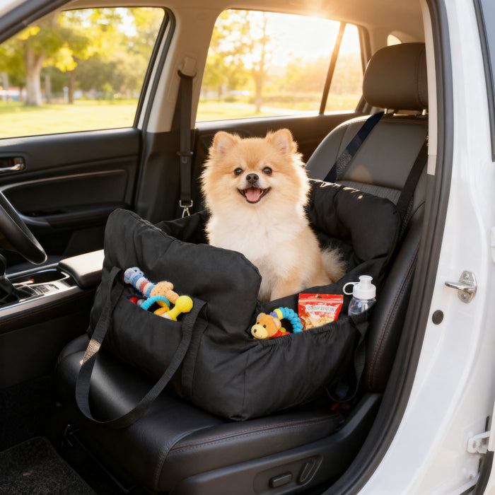 PawHut Dog Car Seat for Small Pets, Dog Booster Car Seat with Cushion and Storage Pockets, Soft Travel Bed & Carrier Bag for Pets, Machine Washable and Detachable, Black