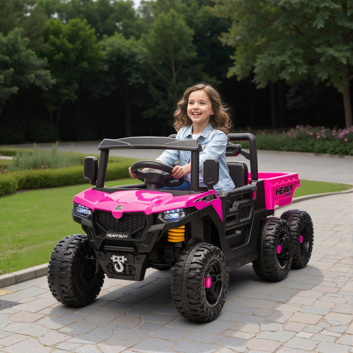 Qaba Electric Ride On Car with 6 Wheels, 24V 4WD Battery Powered Ride On Truck with Dump Bed, Remote Control, Wheel Suspension, Lights and Music for Kids 3-8 Years, Pink