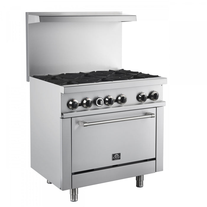 FORNO Commerciale 36 Inch Stainless Steel Gas Range, 6 Burners, 180,000 BTU Total - FCMGR0093-36