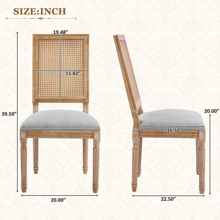Oliver Solid Wood Rubberwood Dining Chair Set of 2 with Upholstered Seat Cane Backrest and Fluted Legs,Grey