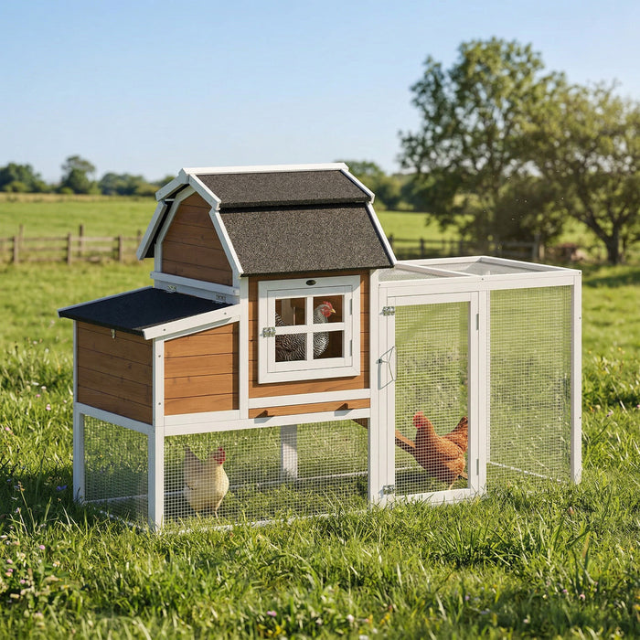 PawHut 71\" Chicken Coop for 3 Chickens, Wooden Hen House Outdoor Duck House with Run, Removable Tray, Nesting Box, Waterproof Asphalt Roof, Ramp and Perches, Bunny Hutch, Brown