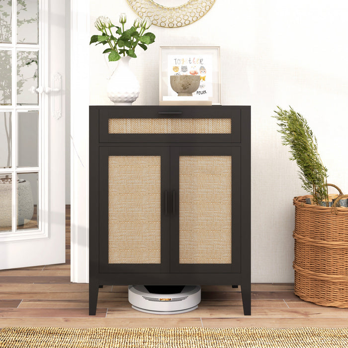 HOMCOM Boho Floor Storage Cabinet with Rattan Decorated Doors Drawer Black