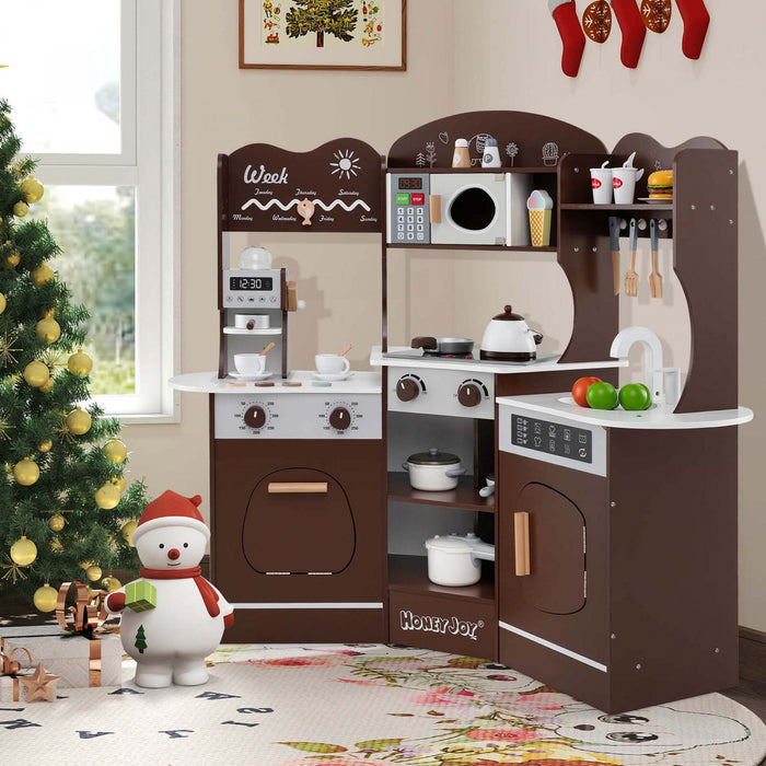 Honeyjoy Corner Kitchen Playset With Coffee Machine Oven Microwave Washing Machine Brown
