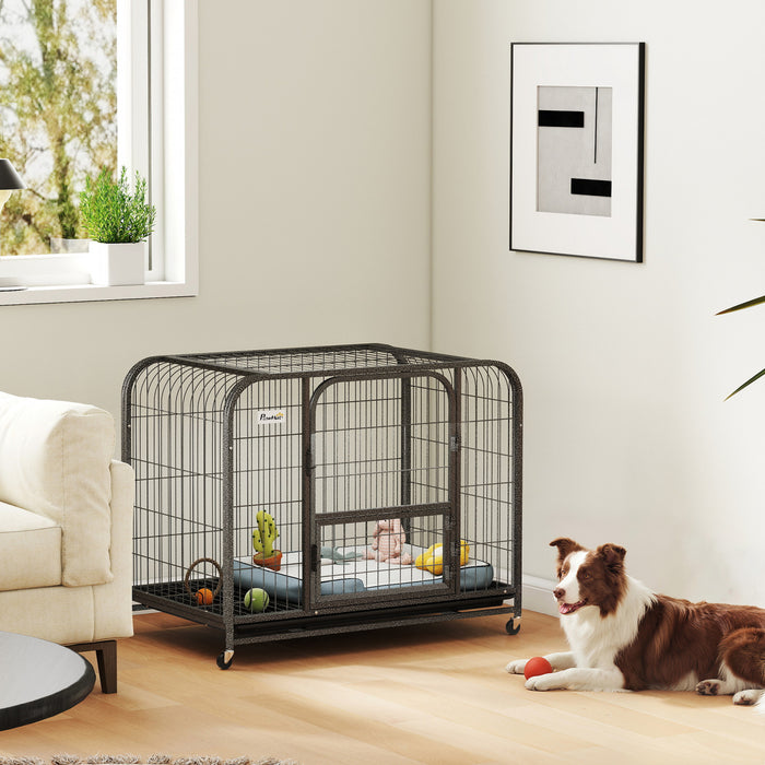 PawHut 37 Inch Heavy Duty Dog Crate, Large Metal Dog Cage with Lockable Wheels and Removable Tray for Small Medium Breeds, Puppy Playpen for Indoor Outdoor, Black