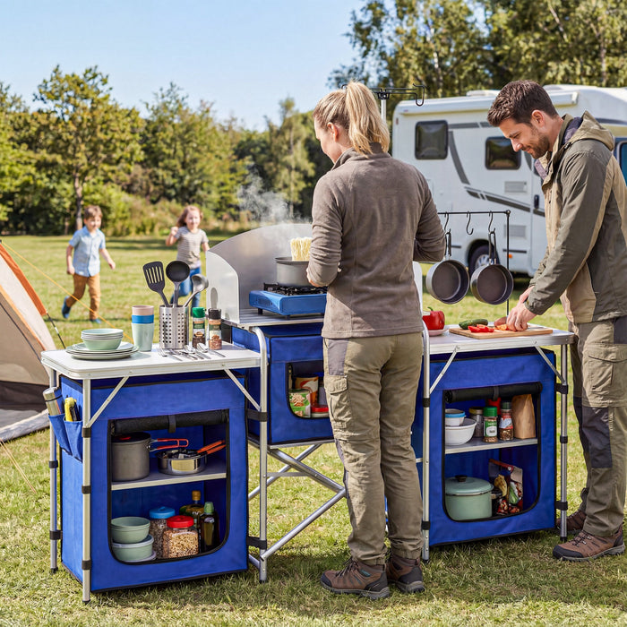 Outsunny Folding Camping Kitchen Table with Storage, Aluminum Portable Camping Table with 3 Fabric Cupboards, Windshield, Light Stand, Carrying Bag for BBQ, RV, Picnic, Blue