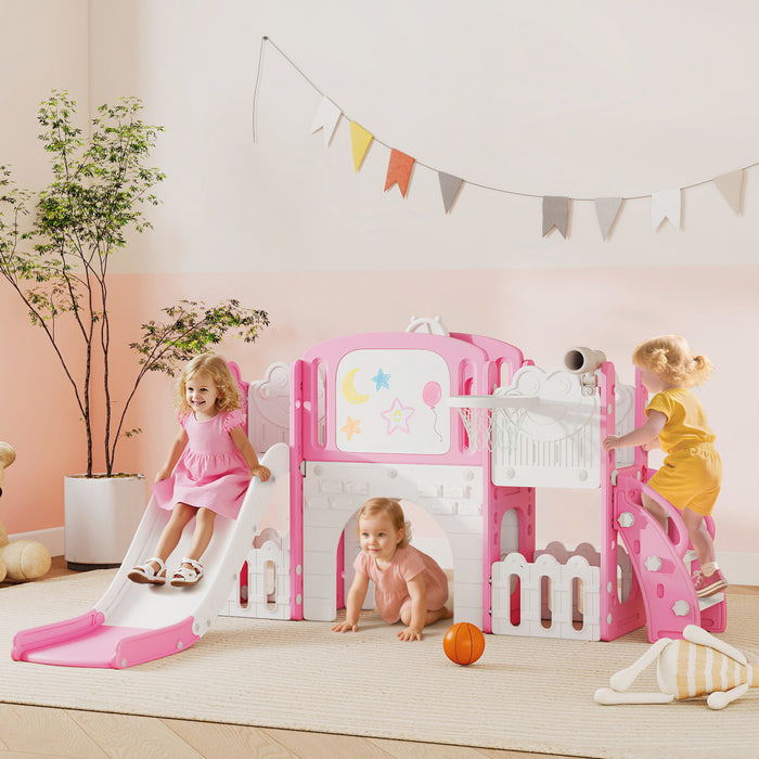 Qaba Toddler Slide, 7 in 1 Kids Slide with Climber, Basketball Hoop, Telescope, Drawing Board, Storage Box, Indoor Outdoor Playground, Gifts for Boys Girls Ages 1-3, Pink