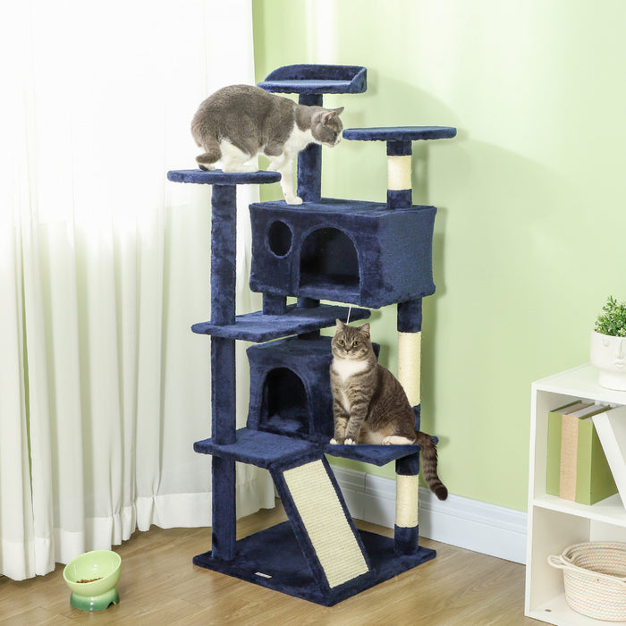 Pawhut 54\" Cat Tree, Cat Tower For Indoor Cats With Scratching Posts, Cat Condos, Bed, Platforms, Ramp, Toy Ball, Cat Activity Center, Dark Blue
