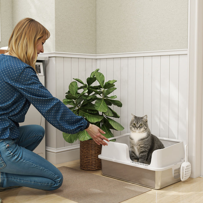 Pawhut Stainless Steel Cat Litter Box With Lid, Metal Extra Large Enclosed Litter Box For Big Cats With Scoop, High Sided, Non-stick & Anti-urine Leakage, Easy Cleaning