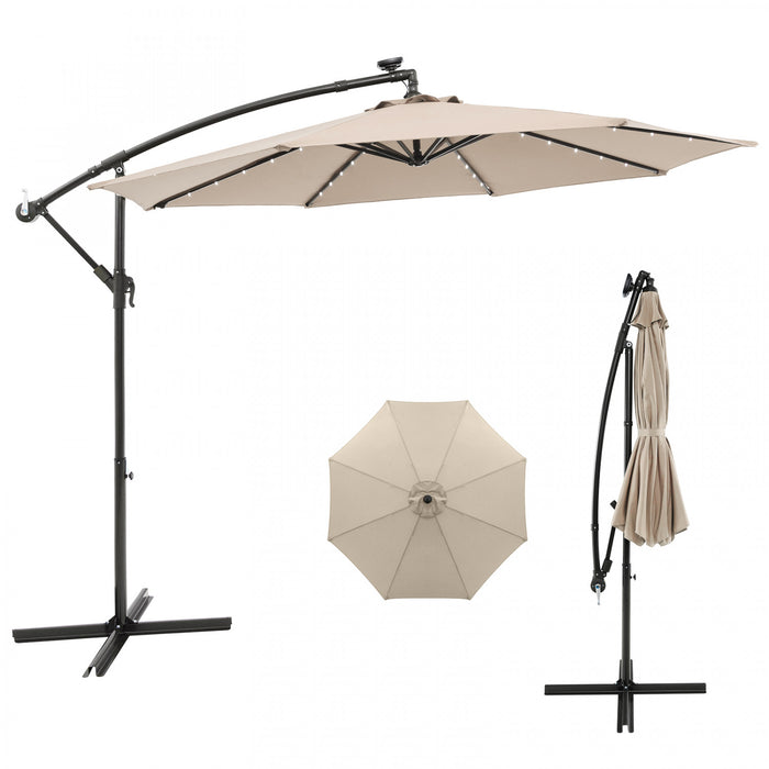 Costway 10 Ft Patio Solar LED Offset Umbrella 40 Lights Crank Cross Base Beige