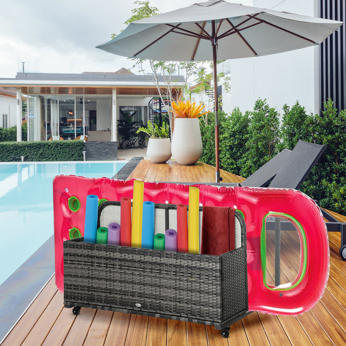 Rolling Pool Storage Rattan Outdoor Storage Wicker Organizer, Grey