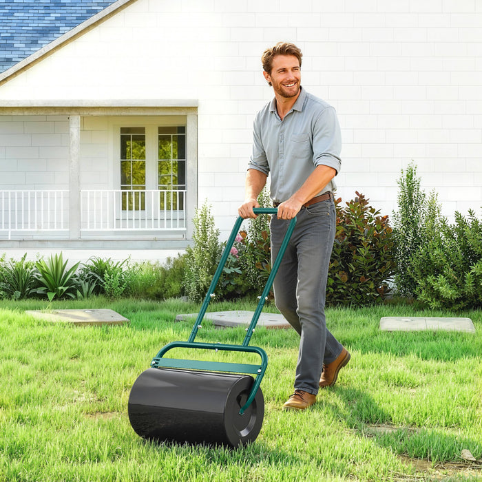 Outsunny 20\" Push/Tow Behind Lawn Roller, Heavy Duty Sod Drum Roller Filled with 11 Gal Water/136 Lbs Sand, Grass Flattener for Yard, Patio, Park, Green