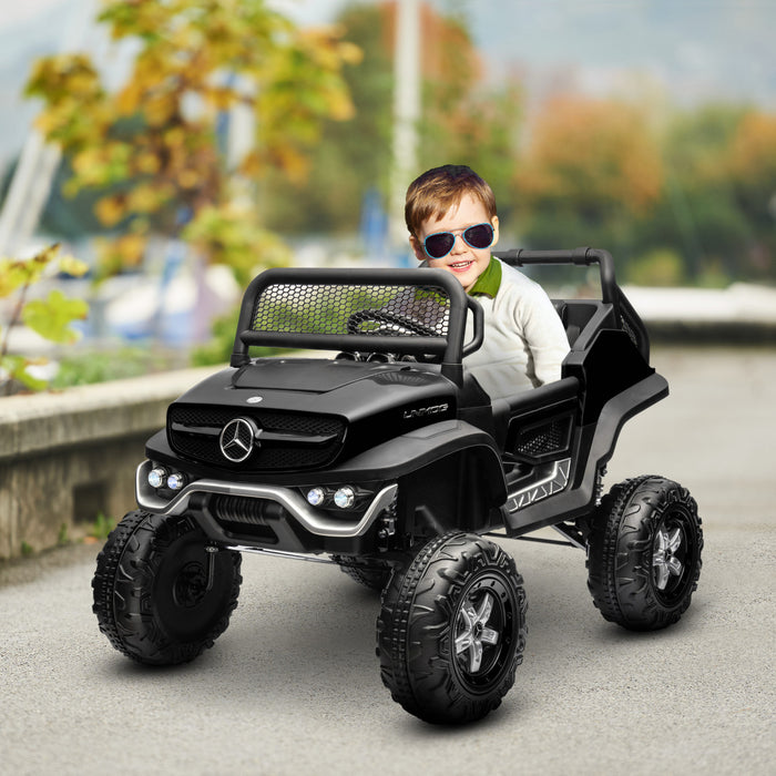 Aosom Licensed Mercedes-benz Unimog Ride On Truck, 12v Battery Powered Electric Vehicle With 2.4g Remote Control, 3 Speed Spring Suspension, Led Lights, Mp3, Music, Horn, Black