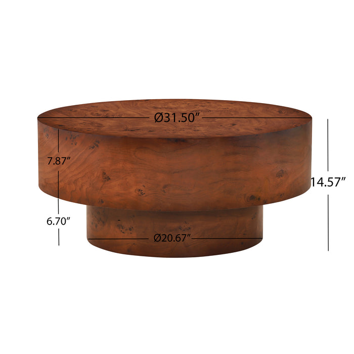 Sage 31.5 Inch Modern Round Burl Veneer Coffee Table with Drum Pedestal Base, Brown