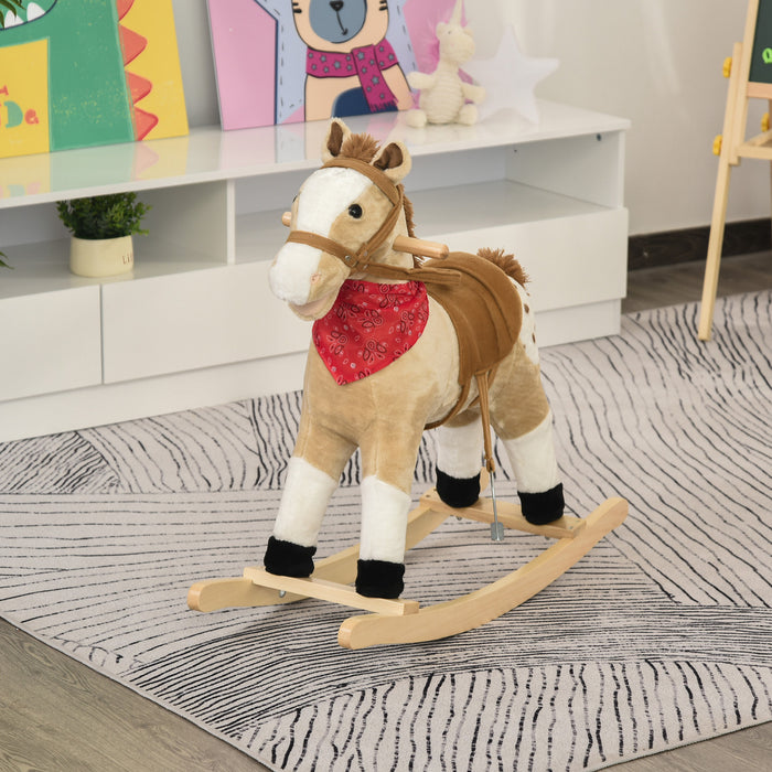 Qaba Kids Plush Ride-on Rocking Horse Toy Cowboy Rocker With Fun Realistic Sounds For Child 3-6 Years Old, Beige