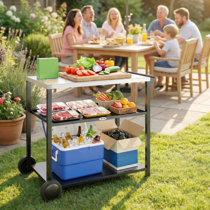 Outsunny Outdoor Grill Cart with Stainless Steel Tabletop for Kitchen Prep, Three-Tier Pizza Oven Stand, BBQ Stand and Movable BBQ Cart on Wheels, Black