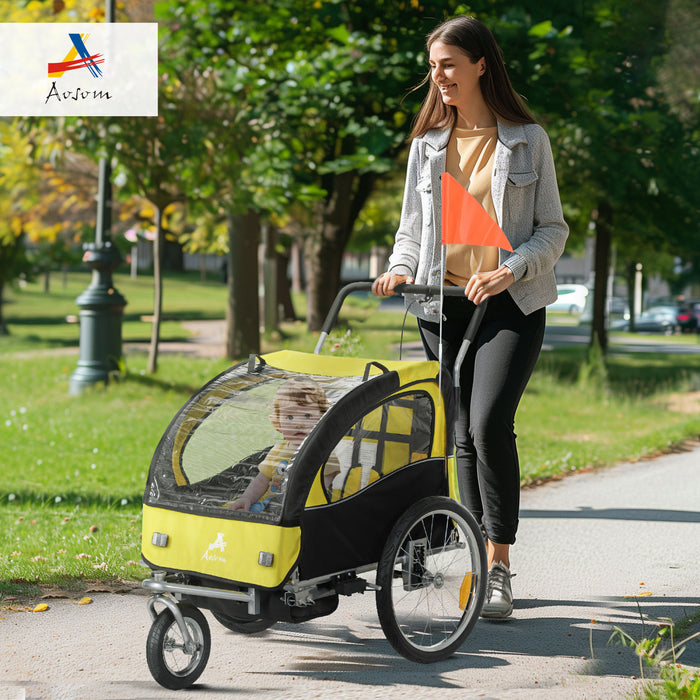 Aosom 2-Seat Bike Trailer for Kids, 2-in-1 Baby Stroller Bicycle Trailer 88 lbs Load with 5-Point Harness, Rubber Wheels, Storage, Safety Flag, Reflectors, Foldable Frame, Yellow