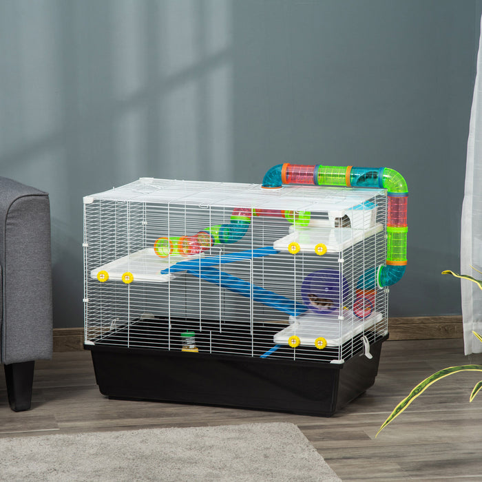 Pawhut 31\" Large Hamster Cage, Small Animal House, Multi-storey Gerbil Haven, Tunnel Tube System, With Water Bottle, Exercise Wheel, Food Dish, Ramps, Black