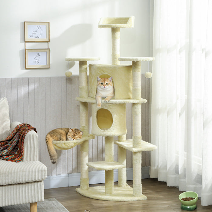 PawHut Cat Tree, 62\" Multi-Level Cat Tower with Scratching Posts, 2 Condos, Hammock, Perches, Plush, Pompoms, for Indoor Kittens Playing, Resting, Sleeping, Beige
