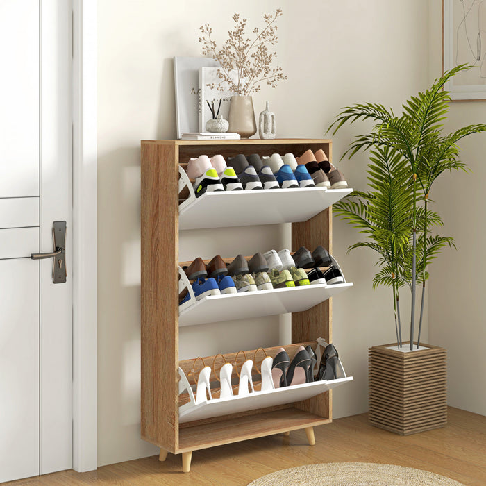 HOMCOM Narrow Shoe Cabinet with 3 Flip Doors and Adjustable Shelves, White
