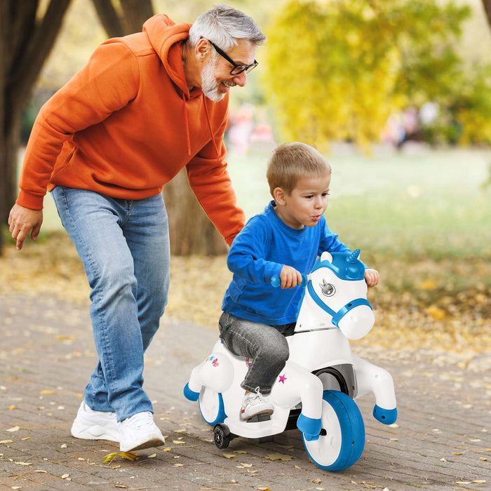 Costway 12v Kids Ride On Unicorn Toy With Training Wheels Music One-button Start Horse Toy Blue