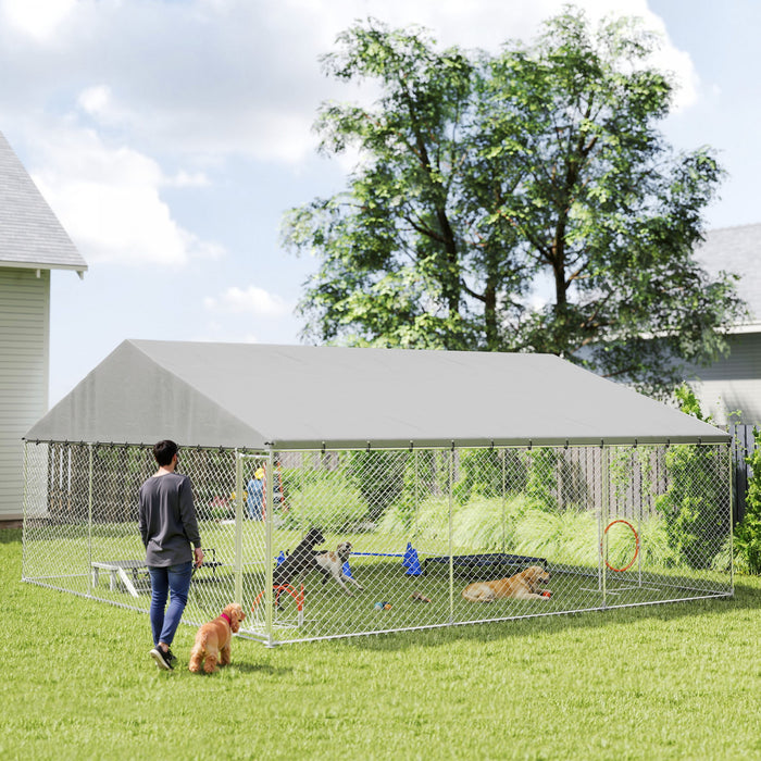 PawHut Large Dog Kennel with Roof and Safety Lockable Latch, Heavy-Duty Galvanized Steel Dog Run Chain Link w/ Waterproof UV-Resistant Cover, 19.7' x 19.7' x 8.9'