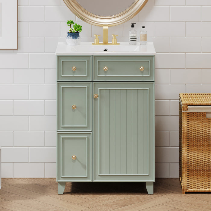 Jonas 24\" Solid Wood Bathroom Vanity Cabinet With Storage Drawers And Door - Green