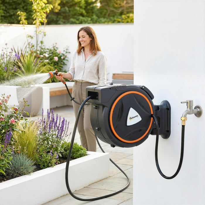 Outsunny Retractable Garden Hose Reel, 1/2\" x 59ft Wall Mounted Hose Reel with 12-Pattern Nozzles, Auto Retraction, Self-Locking, Slow Return System, 180° Swivel Bracket