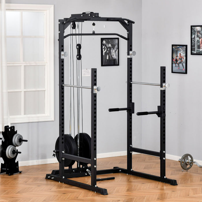 Soozier Power Cage, Power Rack With Lat Pulldown Attachment, Pull-up Bar, T Bar Row Landmine And Dip Handle, Strength Training Workout Station, For Home Gym, 800lbs Capacity