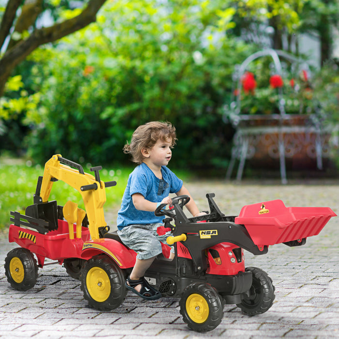 Aosom 3 In 1 Kids Ride On Excavator Toy With 6 Wheels, Bulldozer With Controllable Cargo Trailer & Easy Pedal Controls