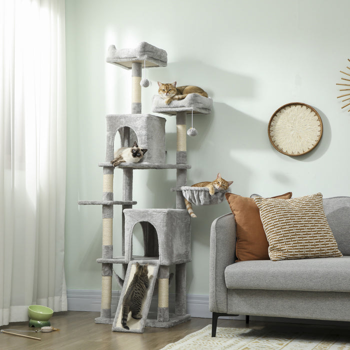 PawHut Cat Tree, 70\" Multi-Level Cat Tower for Indoor with 2 Condos, 2 Plush Top Perches, Hammock, Platforms, Toy Balls, Sisal Scratching Posts and Board, Light Grey