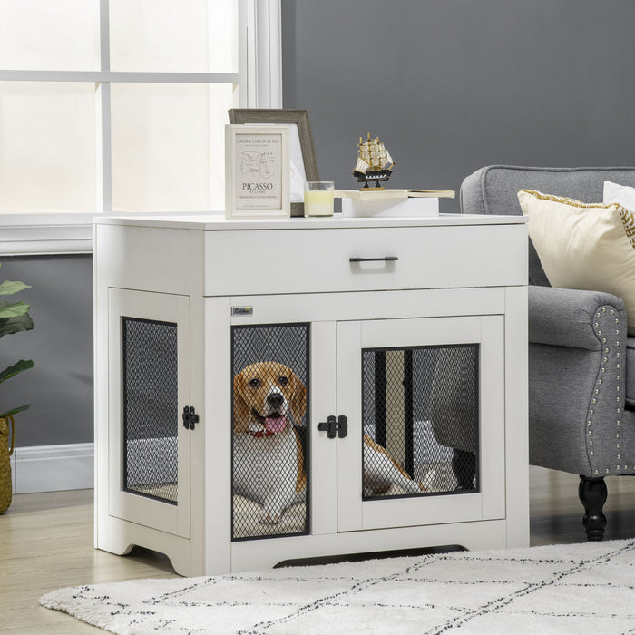 Pawhut 32in Dog Crate Furniture With Cushion, 2 Doors, Dog Kennel End Table With Storage, Indoor Dog Cage For Small Medium Dogs, White