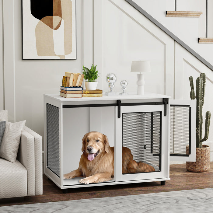 Pawhut Dog Crate Furniture, 39\" Dog Kennel End Table With Sliding Barn Door, Furniture Style Dog Cage For Large Dogs, White