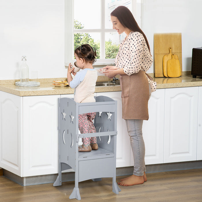 Qaba Step Stool With Support Handles, Safety Rail And Non-slip, Hardwood Stepping Stool For Kids And Toddlers, Counter Step -p Helper Kids Footstool Grey