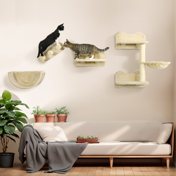 Pawhut Cat Wall Climber With Hammock, Scratching Post, 3 Steps, Jumping Platforms, Cat Wall Shelves For Relaxing, Sleeping, Climbing, Cat Wall Furniture For Indoor Cat - Beige