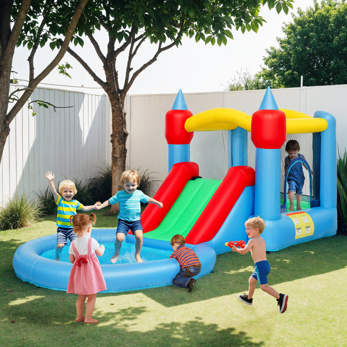 Qaba 13.6 X 6.7ft Bouncy Castle For Kids, 4 In 1 Inflatable Bounce House With Water Slide, Basketball Hoop, Ball Pit, Blower, Carry Bag, Indoor & Outdoor Bouncer For Ages 3-8
