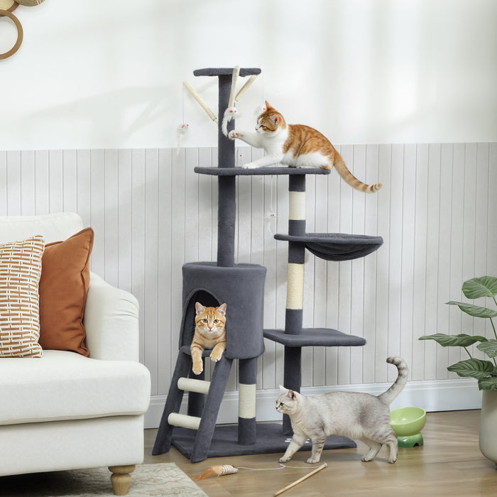 PawHut Cat Tree, 53\" Cat Tower for Indoor Kittens with Sisal Scratching Posts, Plush Perches, Condo, Hammock, Ladder, Dangling Toys, Multi-Level Kitty Activity Centre, Dark Grey