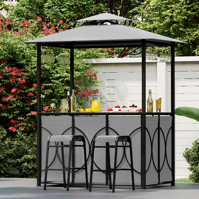 Costway 6.5 X 4 X 8 Ft Grill Gazebo Set With 2 Bar Stools, Tempered Glass Bar Table Gray