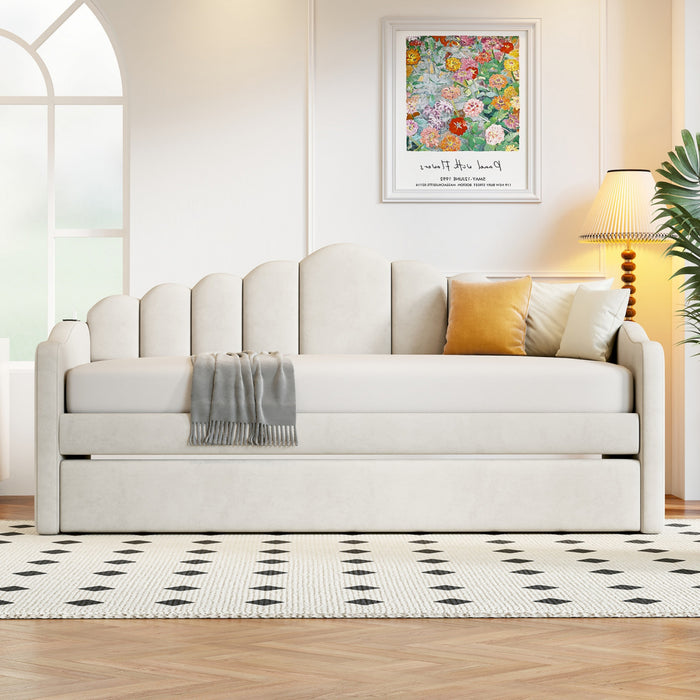 Lily Upholstered Daybed with Trundle and USB Charging Ports,Twin Size,Beige Twin Bed