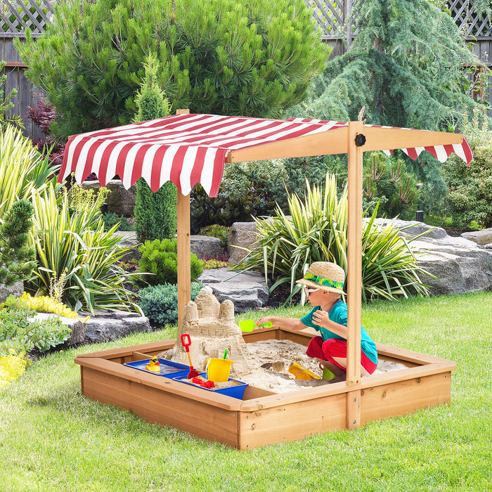 Kids Wooden Sandbox, Children Play Sand Station Outdoor With Adjustable Height Cover Lid, Bottom Liner, Seat, Plastic Basins, For 3-7 Years Old Boys And Girls