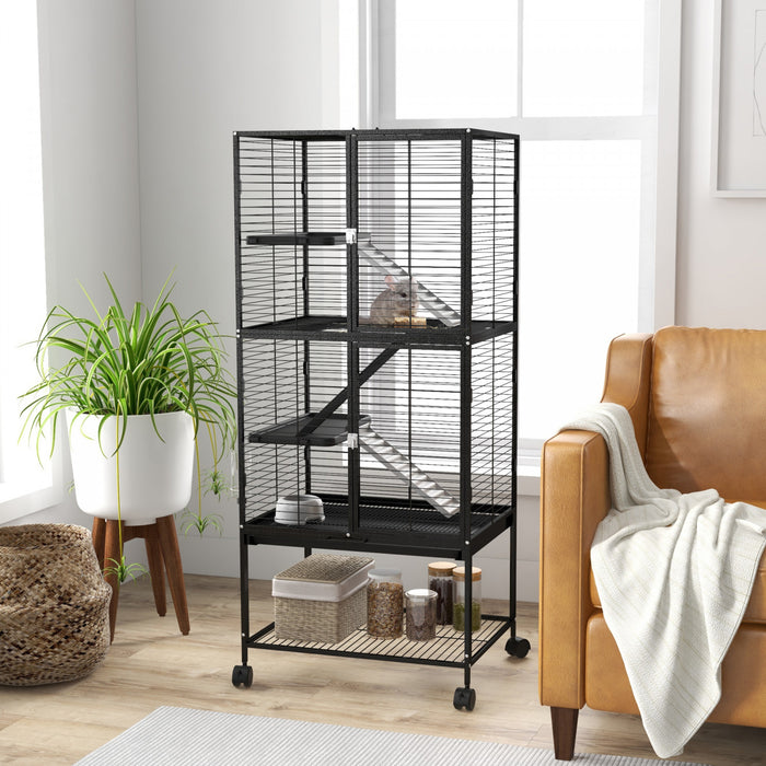 Pawhut Small Animal Cage With Wheels, Pet Playpen For Rat, Kitten, Ferrets, Chinchillas With Bottom Storage Shelf, Removable Tray, Ramp, 24.2\" X 17.9\" X 53.5\", Black