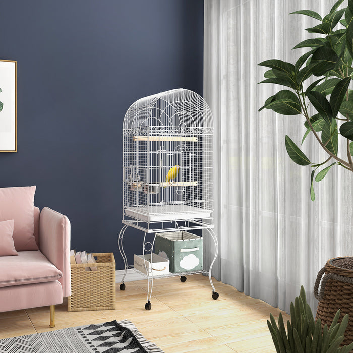 Pawhut 60\" Bird Cage Open Top For Finches, Canaries, Budgies, With Rolling Stand, Removable Tray, Storage Shelf
