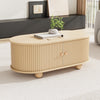 Ethan Oval Coffee Table with Sliding Doors and Hidden Storage,Natural Wood | Ethan table basse ovale – table basse avec portes coulissantes et rangement cache, bois naturel