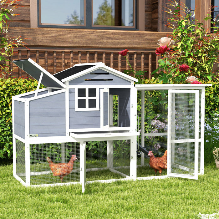 Pawhut 76\" Wooden Chicken Coop, Outdoor Hen House Poultry Duck Goose Cage With Outdoor Run, Nesting Box, Removable Tray And Lockable Doors, Grey