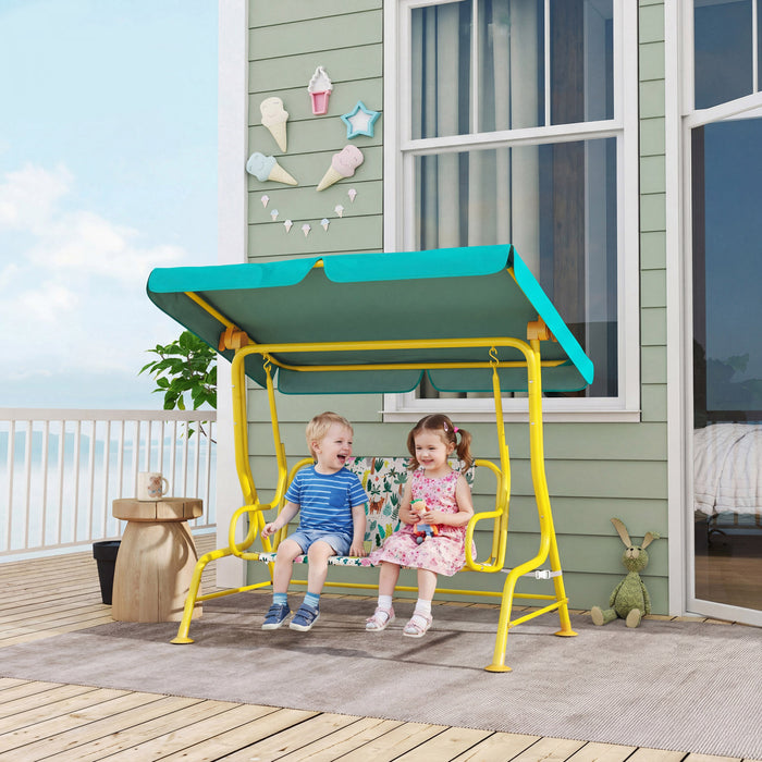 Qaba Kids Porch Swing, 2-Seater Patio Swing Bench Hammock with Safety Belts, Adjustable Canopy, Indoor Outdoor for Backyard, Garden, Poolside, Playroom (Green, Jungle Animal)