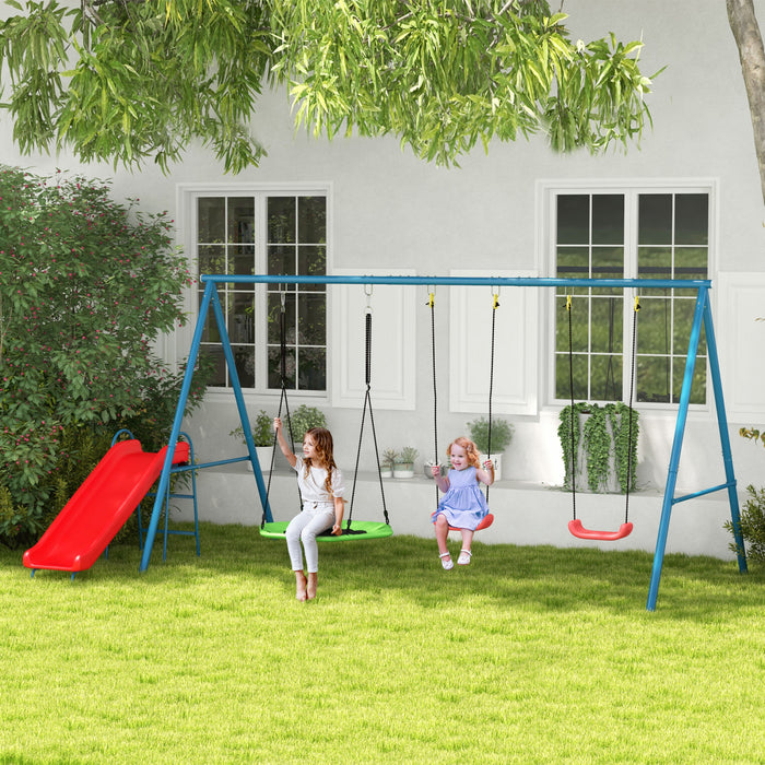 Outsunny 4 in 1 Metal Swing Set with Saucer Swing, Slide and Swing Seats, Kids Swing Set for Backyard, Outdoor, Playground, Dark Blue