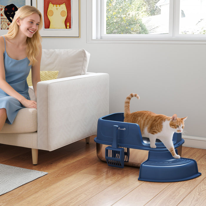 PawHut Stainless Steel Cat Litter Box, High Sided Cat Litter Box with Scoop for Kittens, Anti-Leakage, Easy to Clean, Odor Control Design, Navy Blue