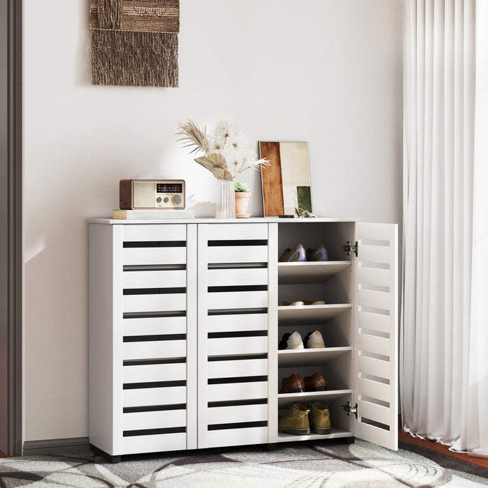 HOMCOM Narrow Shoe Cabinet for Entryway with 3 Slatted Doors, White
