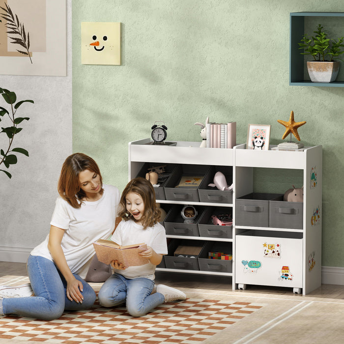 Qaba Toy Storage Organizer, Montessori-Inspired Kids BookShelf with 11 Non-Woven Fabric Boxes, Storage Cabinet & Shelves, Toy Shelf for Kids Room, Nursery, Playroom, White