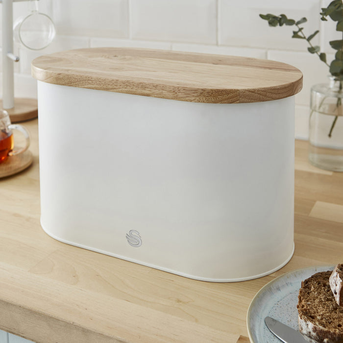 Salton Swan Nordic Bread Bin with Cutting Board - White