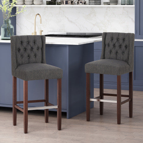 Bruce 30.5\" Counter Height Bar Stools Set Of 2 With Metal Legs And Fabric Upholstery, Charcoal Grey